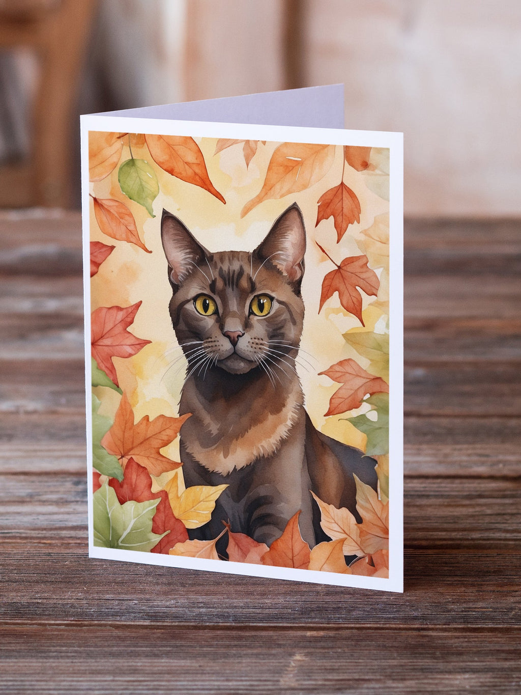 Havana Brown Cat in Fall Leaves Greeting Cards Pack of 8 Blank Cards with Envelopes Whimsical A7 Size 5x7