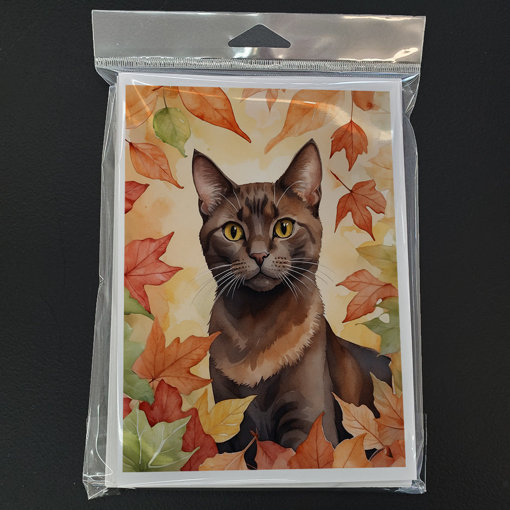 Havana Brown Cat in Fall Leaves Greeting Cards Pack of 8 Blank Cards with Envelopes Whimsical A7 Size 5x7