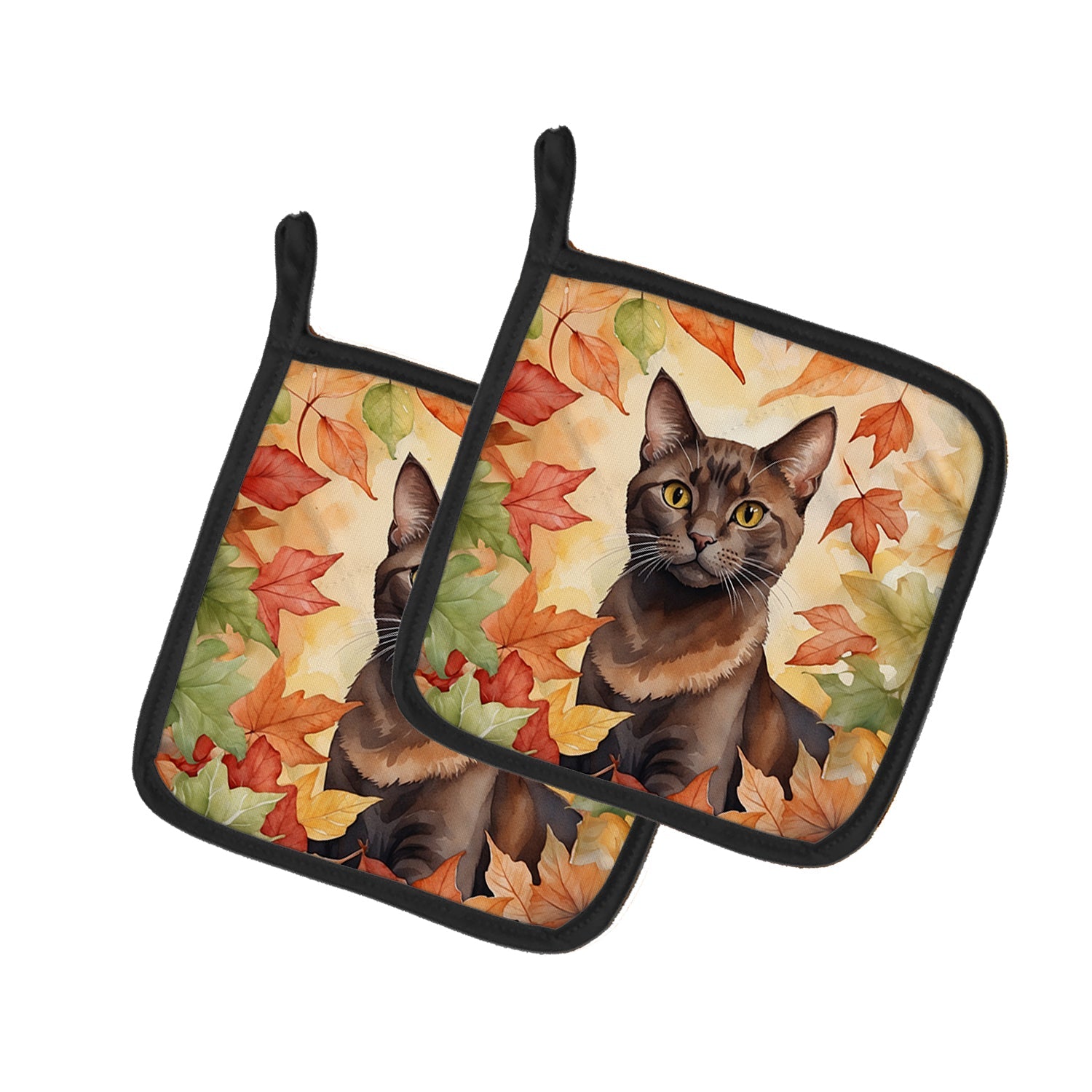 Havana Brown Cat in Fall Leaves Pot Holder Set of 2 Heat Resistant Quilted Hot Pads 7.5 x 7.5 Inch, Insulated Kitchen Trivets for Cooking & Baking