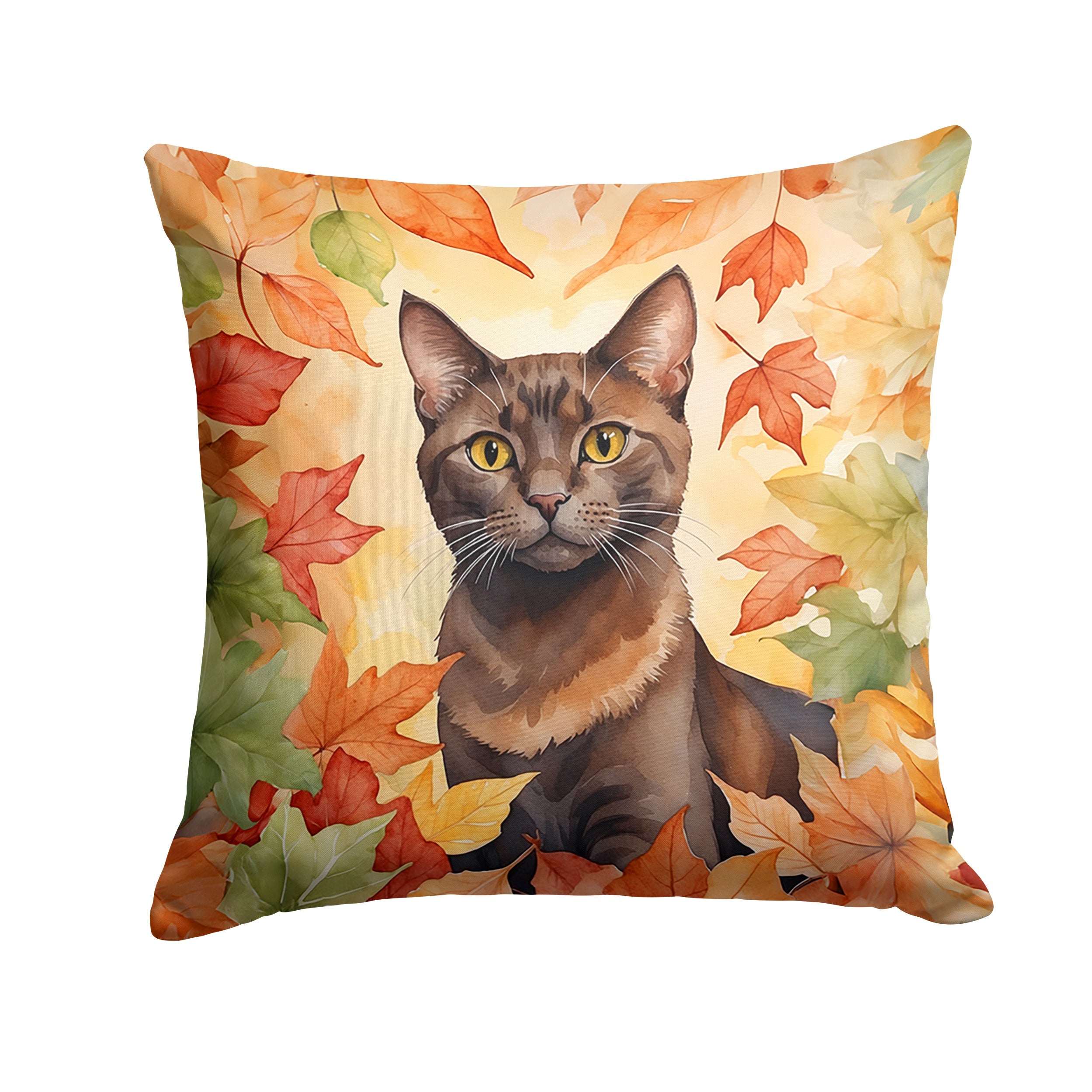 Havana Brown Cat in Fall Leaves Decorative Throw Pillow 14x14 Indoor Outdoor Accent Cushion, Fabric Cover with Insert for Sofa, Bed, Porch & Living Room