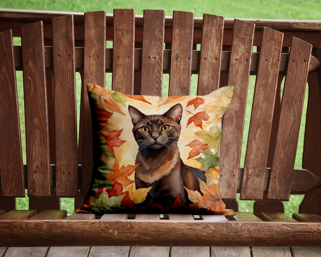 Havana Brown Cat in Fall Leaves Decorative Throw Pillow 14x14 Indoor Outdoor Accent Cushion, Fabric Cover with Insert for Sofa, Bed, Porch & Living Room