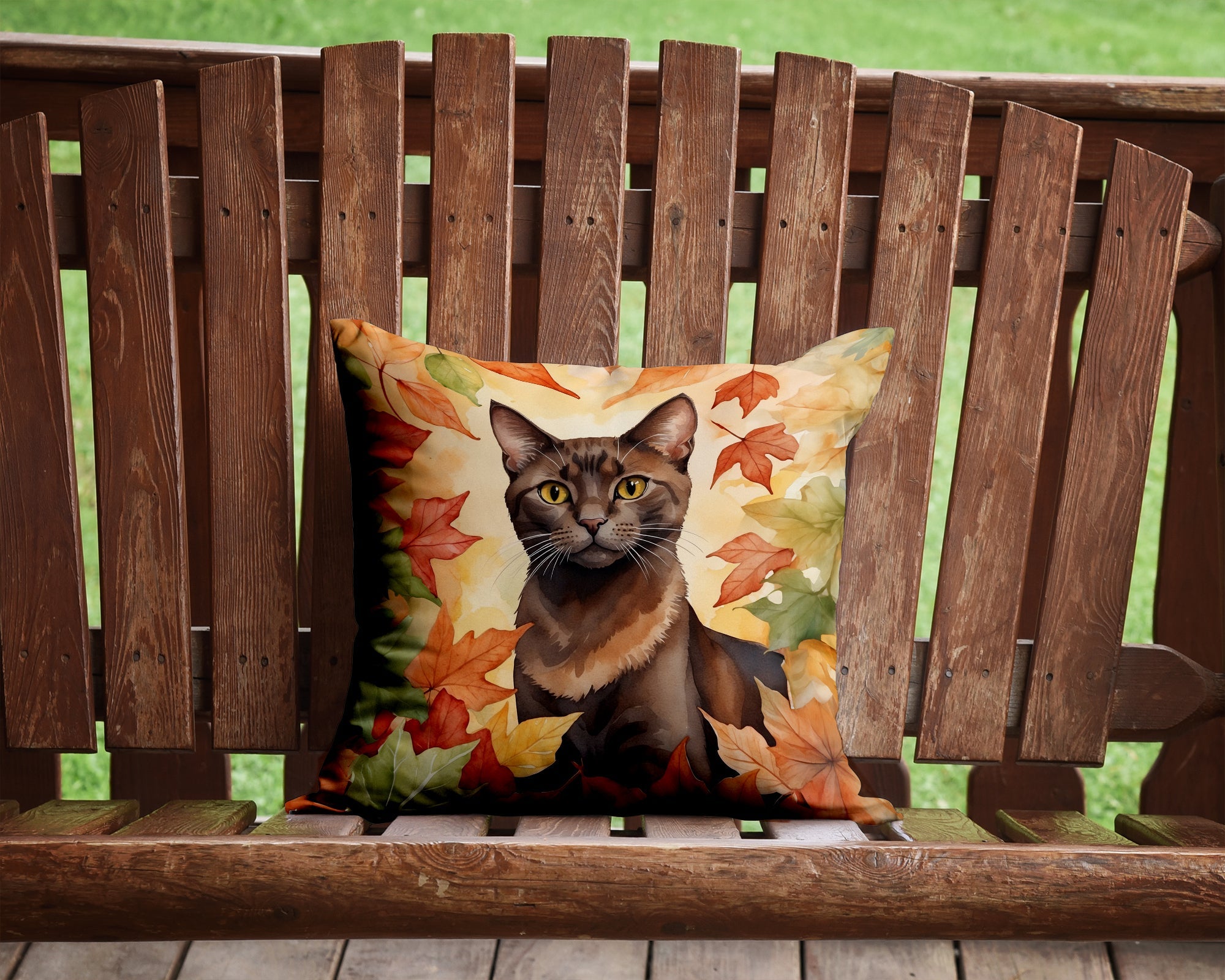 Havana Brown Cat in Fall Leaves Decorative Throw Pillow 14x14 Indoor Outdoor Accent Cushion, Fabric Cover with Insert for Sofa, Bed, Porch & Living Room