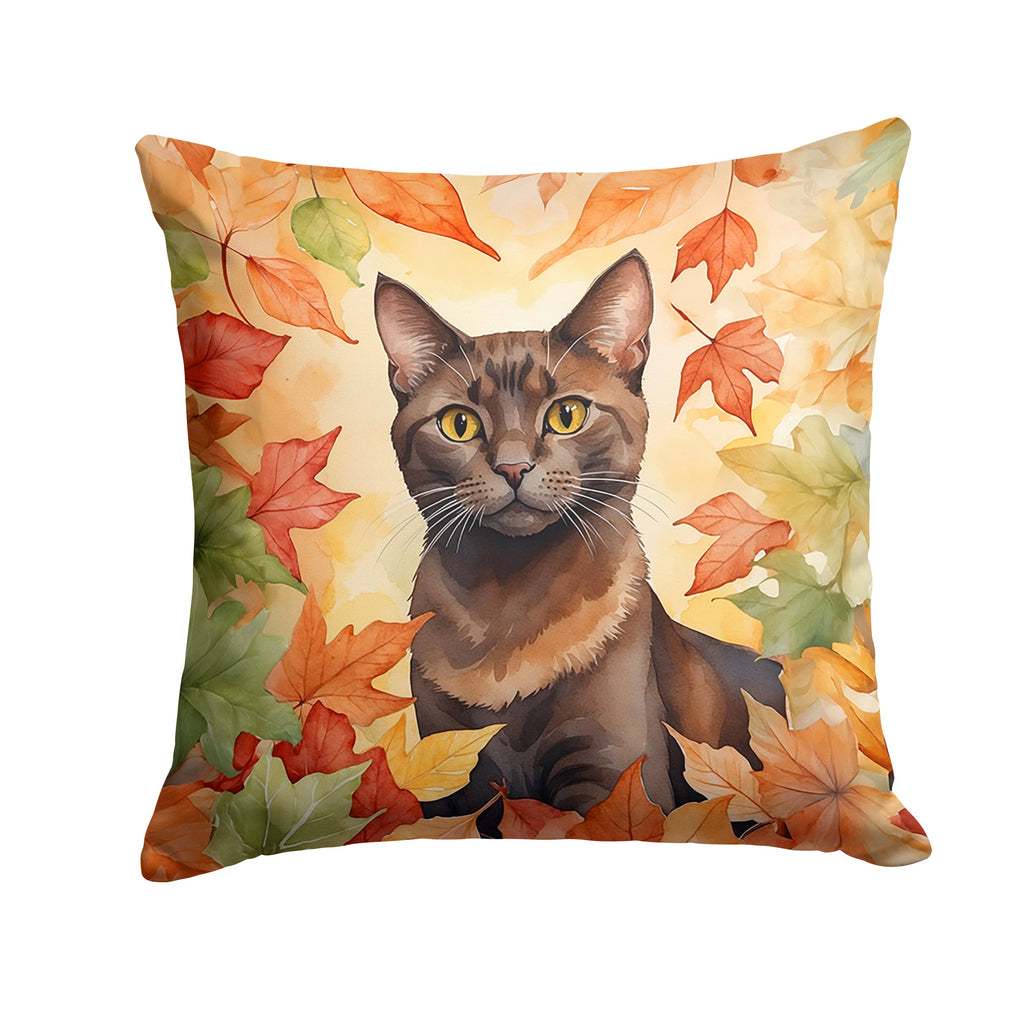 Havana Brown Cat in Fall Leaves Decorative Throw Pillow 18x18 Indoor Outdoor Accent Cushion, Fabric Cover with Insert for Sofa, Bed, Porch & Living Room