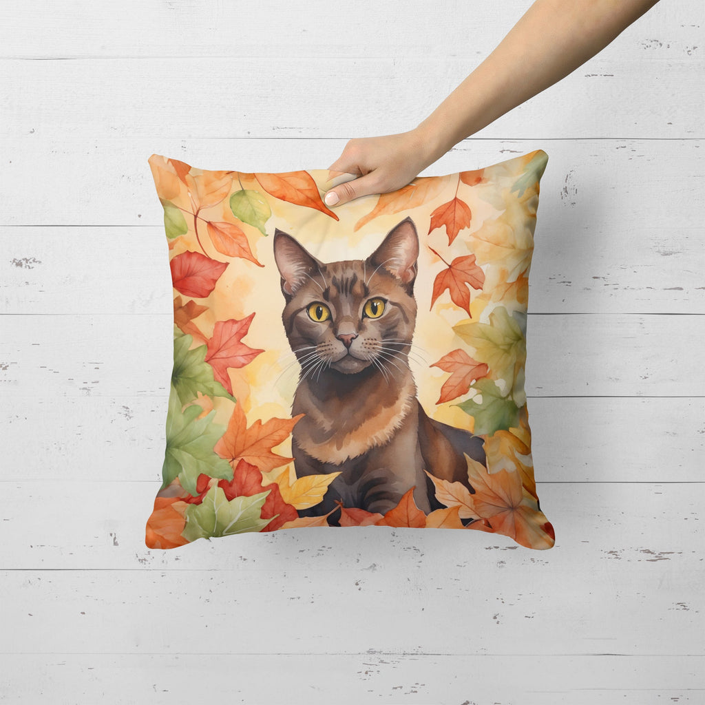 Havana Brown Cat in Fall Leaves Decorative Throw Pillow 18x18 Indoor Outdoor Accent Cushion, Fabric Cover with Insert for Sofa, Bed, Porch & Living Room