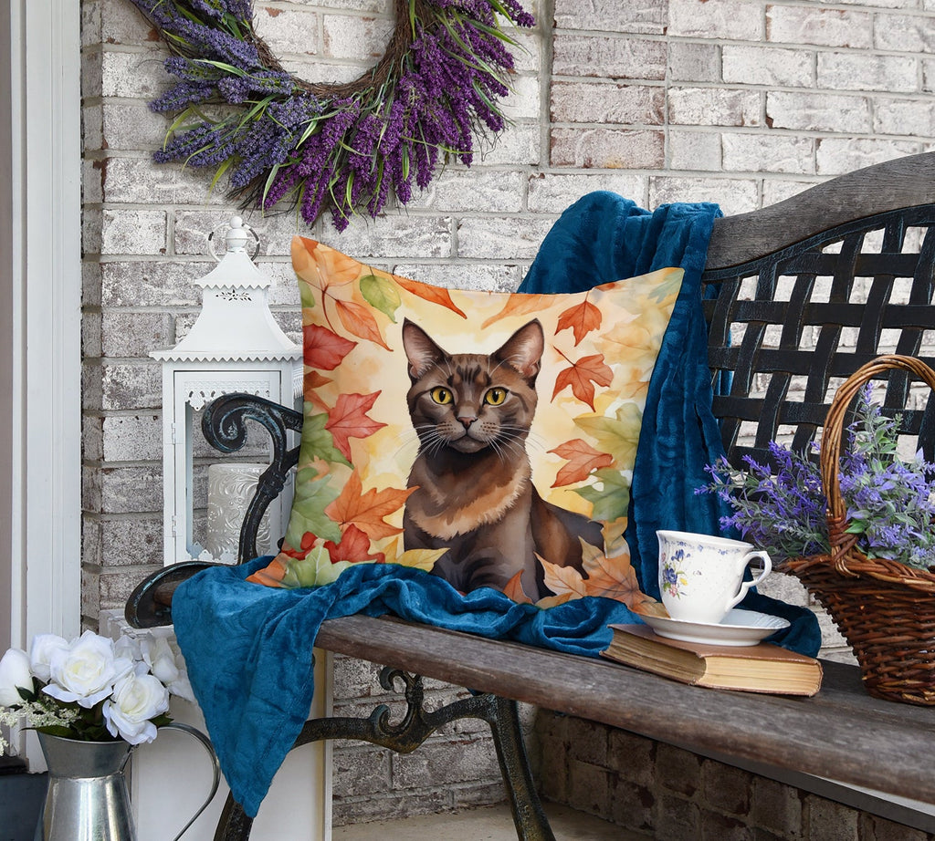 Havana Brown Cat in Fall Leaves Decorative Throw Pillow 18x18 Indoor Outdoor Accent Cushion, Fabric Cover with Insert for Sofa, Bed, Porch & Living Room