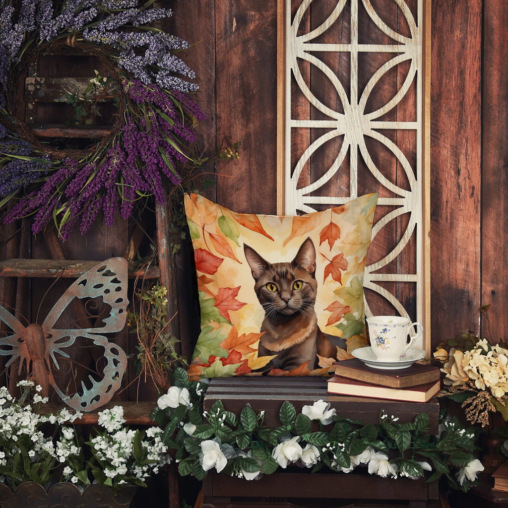 Havana Brown Cat in Fall Leaves Decorative Throw Pillow 18x18 Indoor Outdoor Accent Cushion, Fabric Cover with Insert for Sofa, Bed, Porch & Living Room