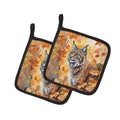 Highlander Lynx Cat in Fall Leaves Pot Holder Set of 2 Heat Resistant Quilted Hot Pads 7.5 x 7.5 Inch, Insulated Kitchen Trivets for Cooking & Baking