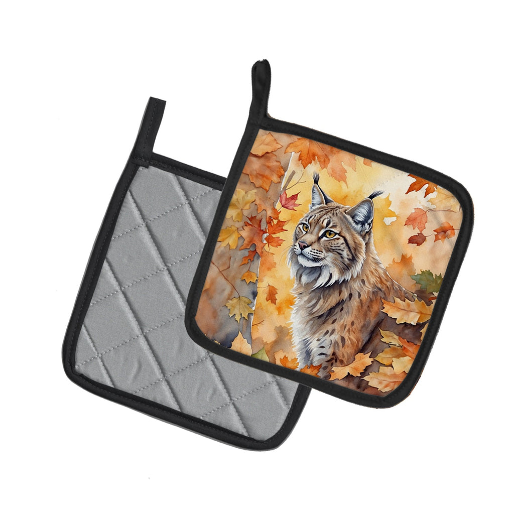 Highlander Lynx Cat in Fall Leaves Pot Holder Set of 2 Heat Resistant Quilted Hot Pads 7.5 x 7.5 Inch, Insulated Kitchen Trivets for Cooking & Baking