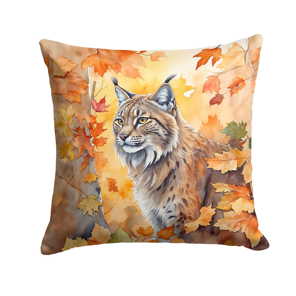 Highlander Lynx Cat in Fall Leaves Decorative Throw Pillow 14x14 Indoor Outdoor Accent Cushion, Fabric Cover with Insert for Sofa, Bed, Porch & Living Room