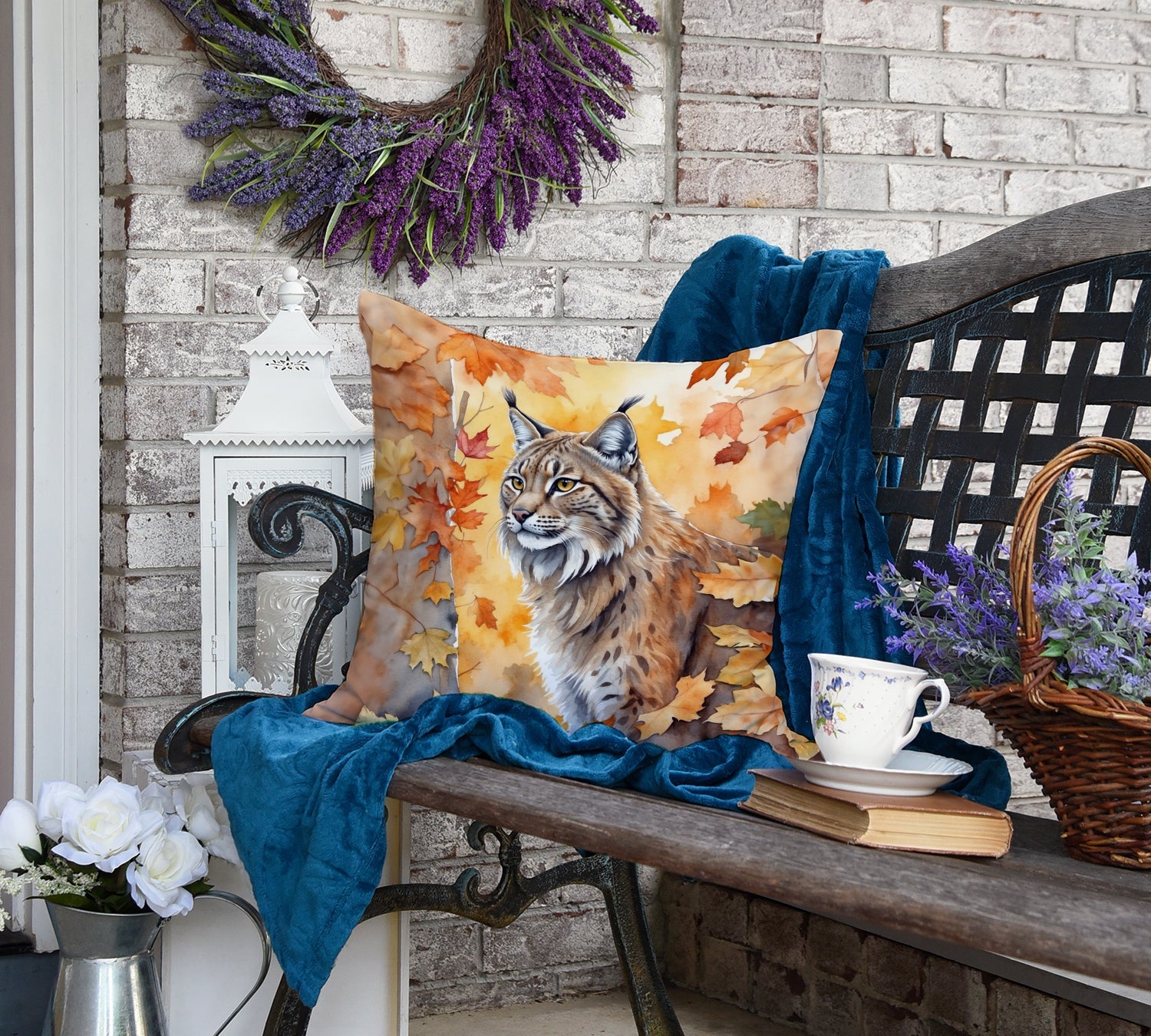Highlander Lynx Cat in Fall Leaves Decorative Throw Pillow 18x18 Indoor Outdoor Accent Cushion, Fabric Cover with Insert for Sofa, Bed, Porch & Living Room