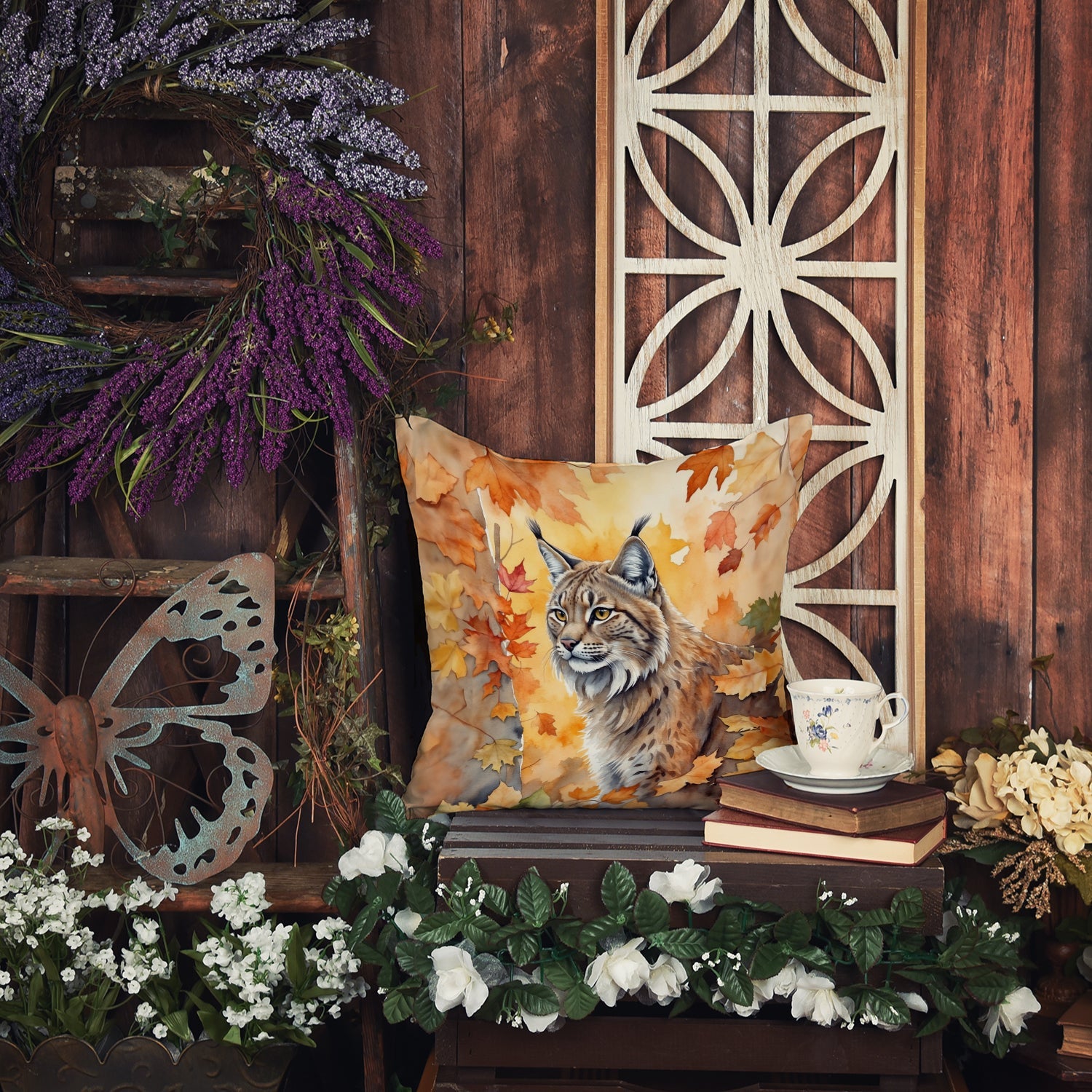Highlander Lynx Cat in Fall Leaves Decorative Throw Pillow 18x18 Indoor Outdoor Accent Cushion, Fabric Cover with Insert for Sofa, Bed, Porch & Living Room