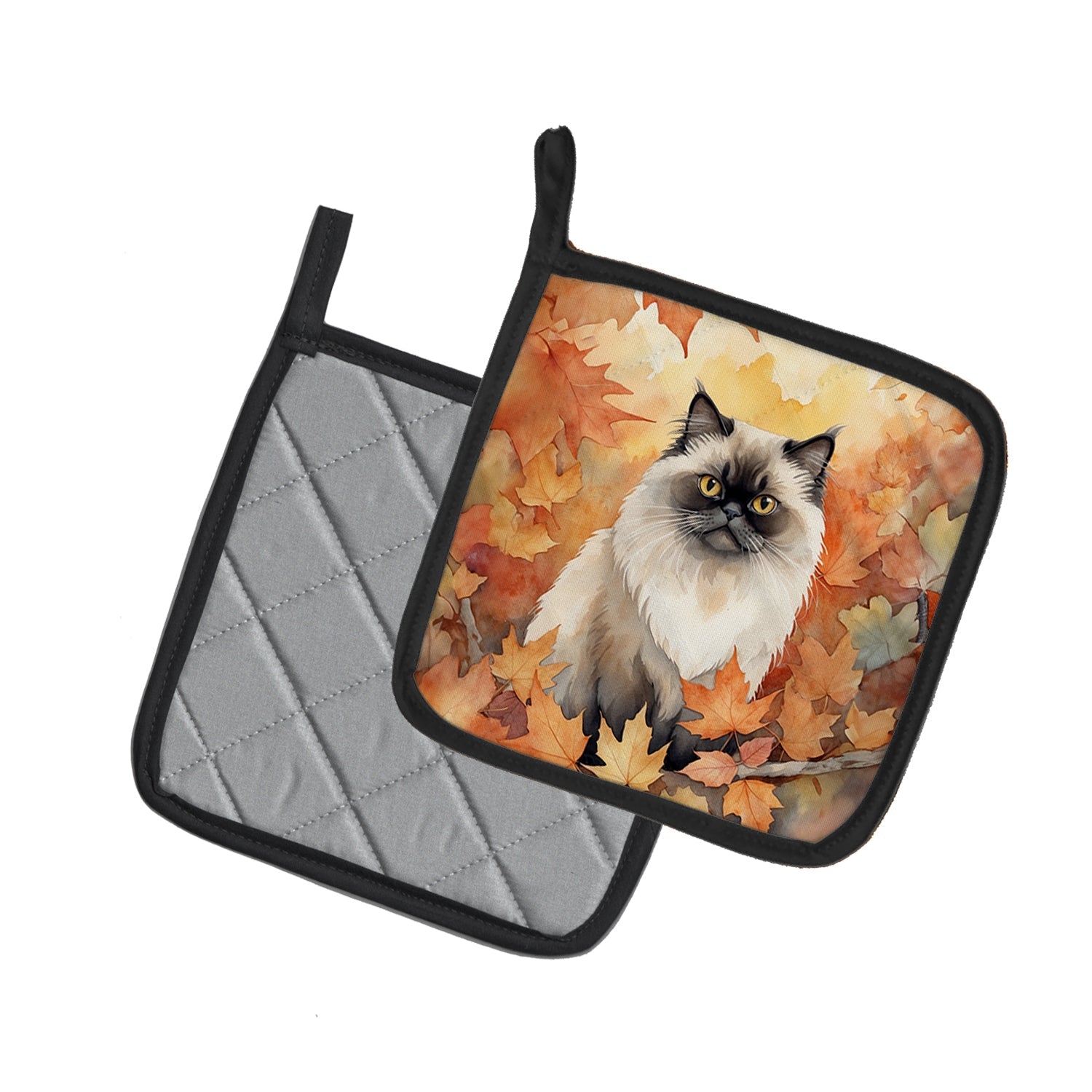 Himalayan Cat in Fall Leaves Pot Holder Set of 2 Heat Resistant Quilted Hot Pads 7.5 x 7.5 Inch, Insulated Kitchen Trivets for Cooking & Baking