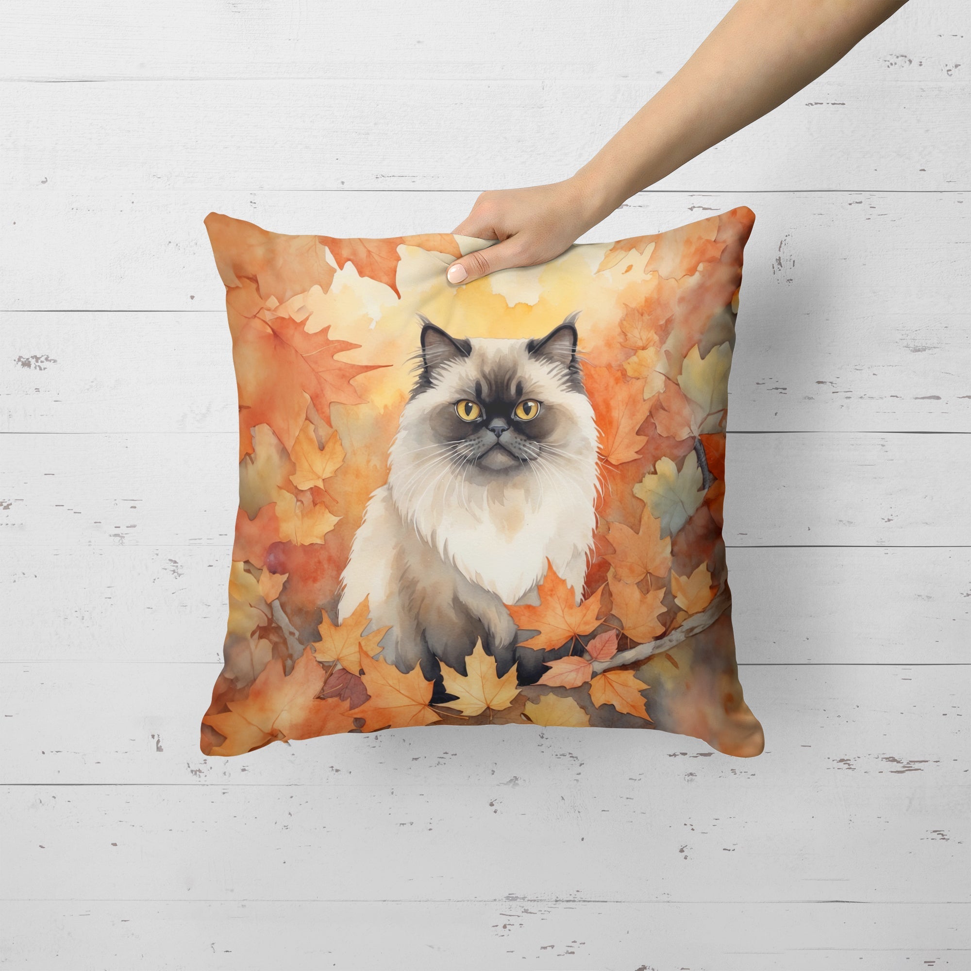 Himalayan Cat in Fall Leaves Decorative Throw Pillow 18x18 Indoor Outdoor Accent Cushion, Fabric Cover with Insert for Sofa, Bed, Porch & Living Room
