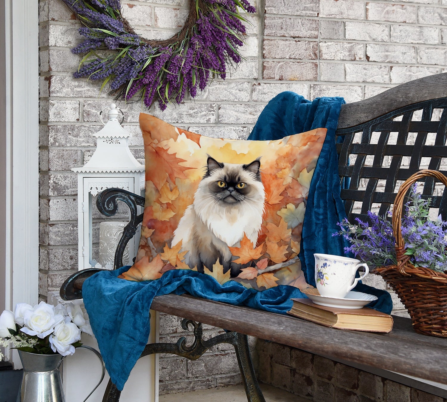 Himalayan Cat in Fall Leaves Decorative Throw Pillow 18x18 Indoor Outdoor Accent Cushion, Fabric Cover with Insert for Sofa, Bed, Porch & Living Room