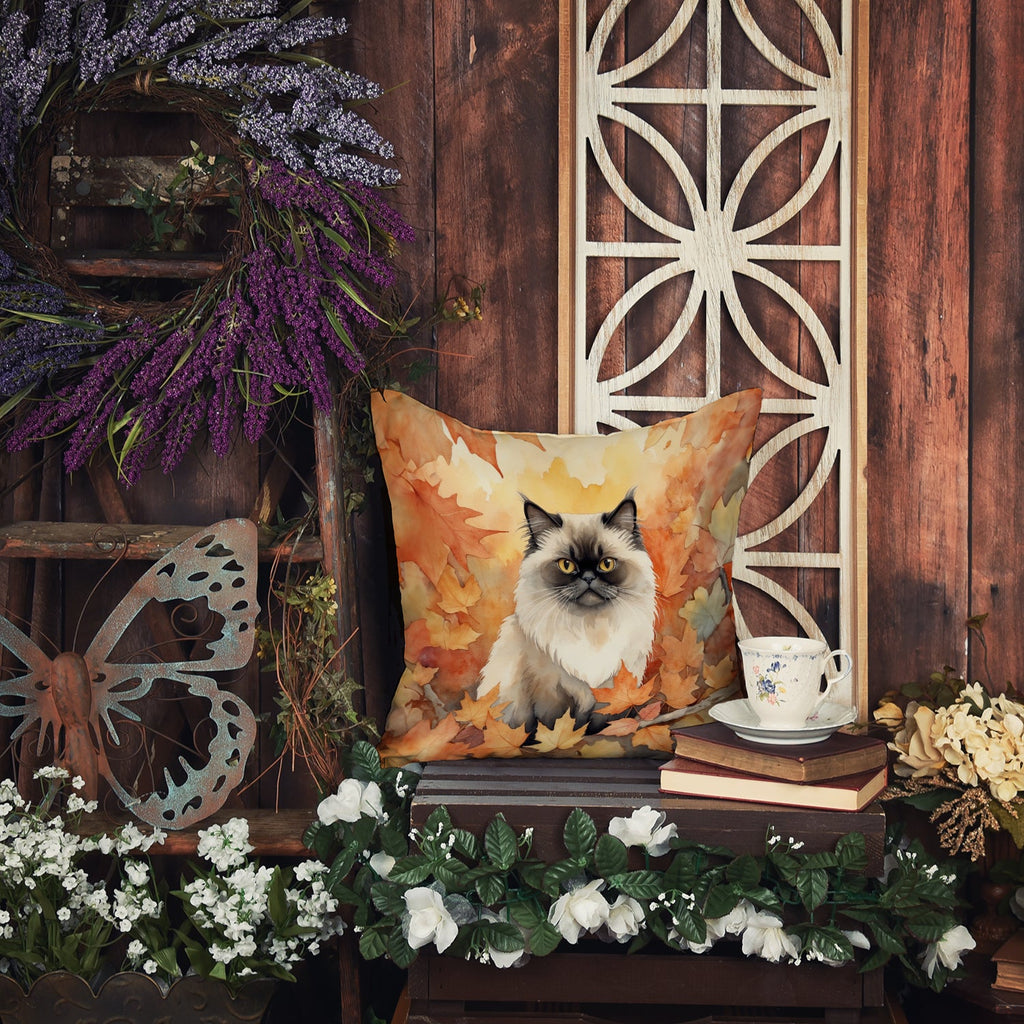 Himalayan Cat in Fall Leaves Decorative Throw Pillow 18x18 Indoor Outdoor Accent Cushion, Fabric Cover with Insert for Sofa, Bed, Porch & Living Room