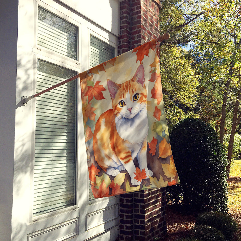 Japanese Bobtail Cat in Fall Leaves House Flag 28x40 Porch Sleeve Pole Decorative Outside Yard Banner Artwork Wall Hanging, Polyester