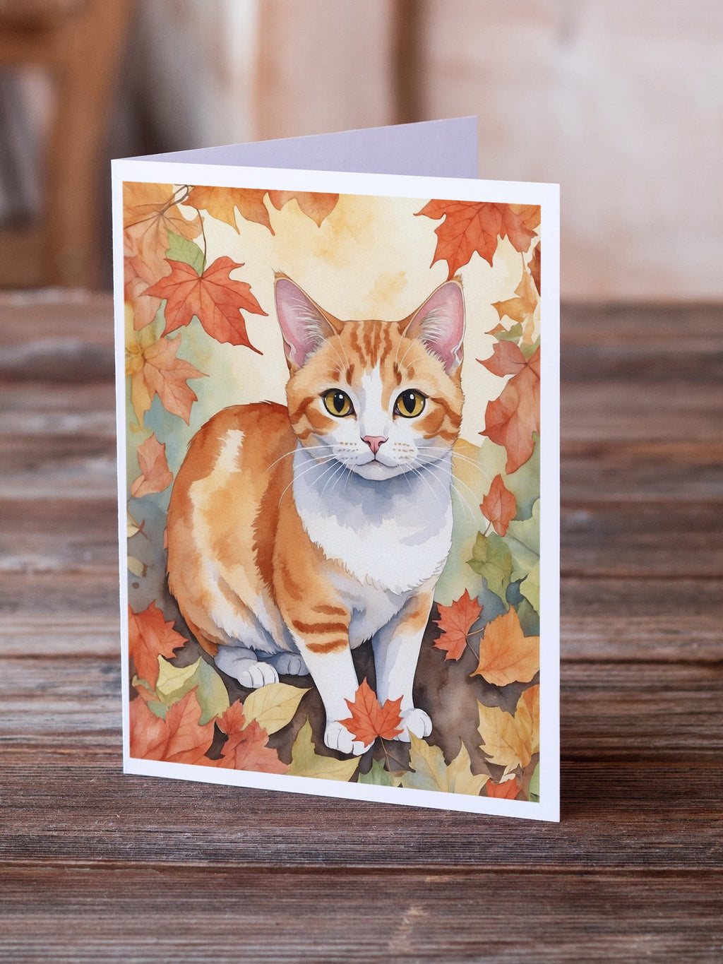 Japanese Bobtail Cat in Fall Leaves Greeting Cards Pack of 8 Blank Cards with Envelopes Whimsical A7 Size 5x7