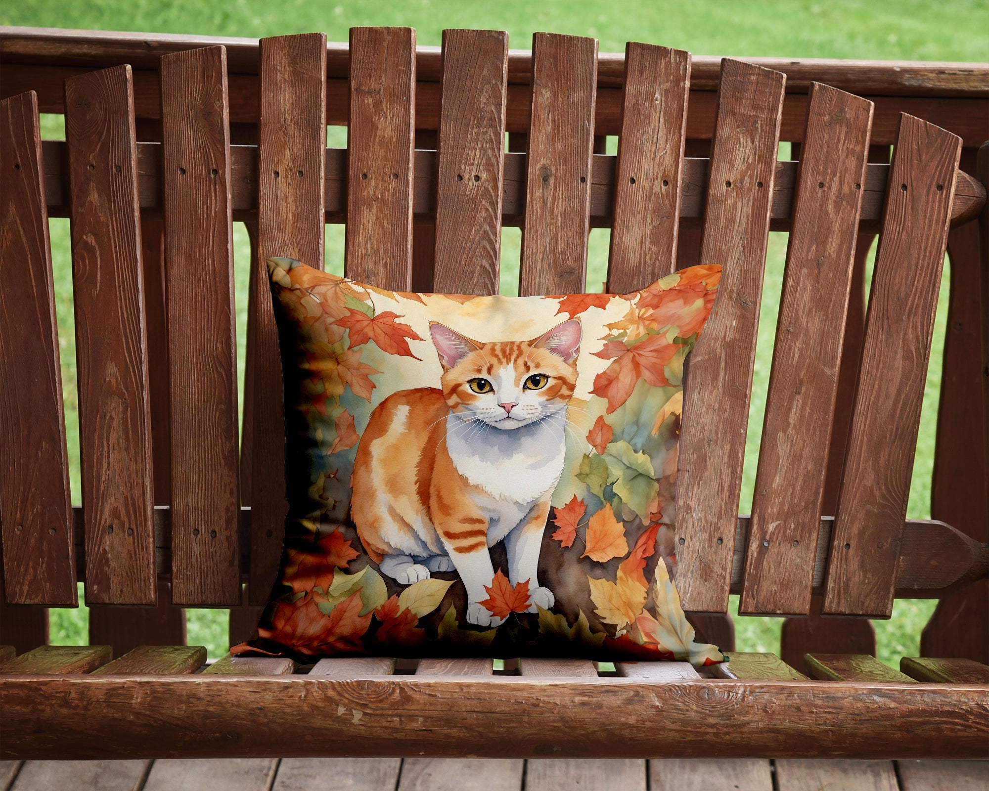 Japanese Bobtail Cat in Fall Leaves Decorative Throw Pillow 14x14 Indoor Outdoor Accent Cushion, Fabric Cover with Insert for Sofa, Bed, Porch & Living Room