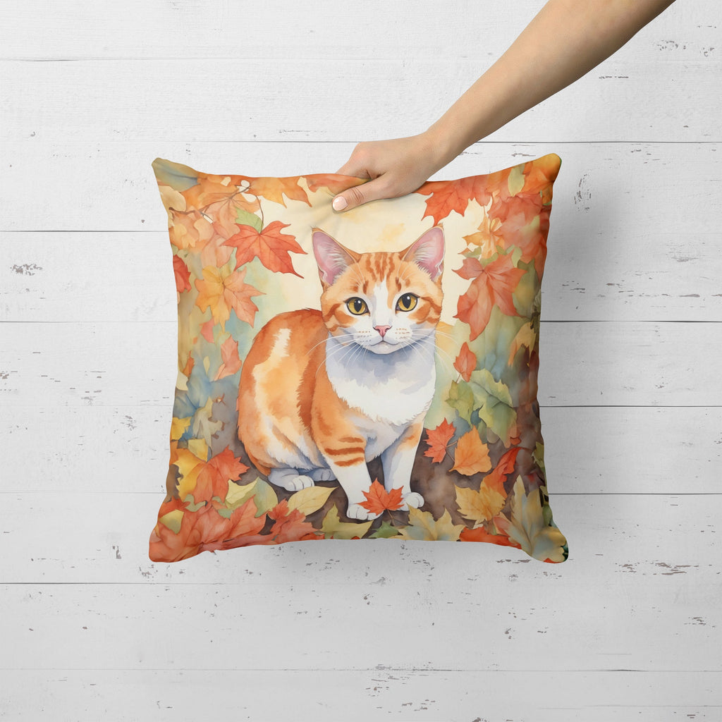 Japanese Bobtail Cat in Fall Leaves Decorative Throw Pillow 18x18 Indoor Outdoor Accent Cushion, Fabric Cover with Insert for Sofa, Bed, Porch & Living Room