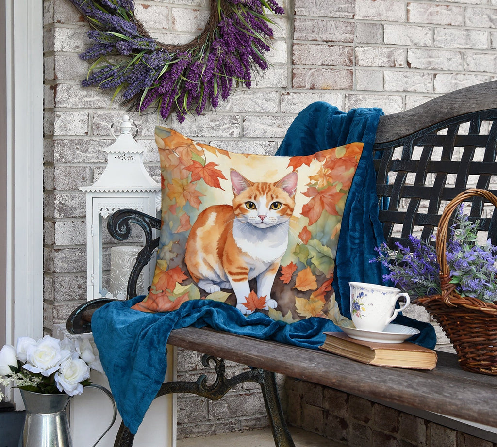 Japanese Bobtail Cat in Fall Leaves Decorative Throw Pillow 18x18 Indoor Outdoor Accent Cushion, Fabric Cover with Insert for Sofa, Bed, Porch & Living Room