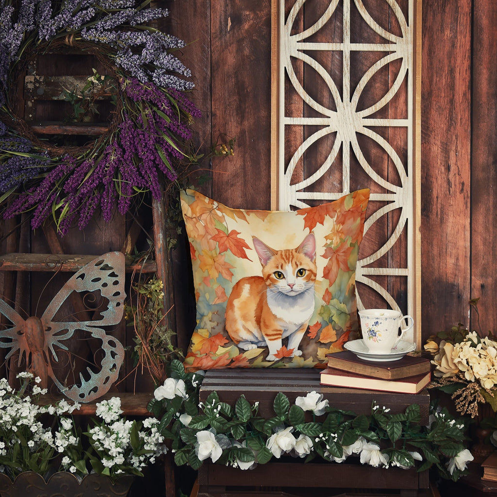 Japanese Bobtail Cat in Fall Leaves Decorative Throw Pillow 18x18 Indoor Outdoor Accent Cushion, Fabric Cover with Insert for Sofa, Bed, Porch & Living Room