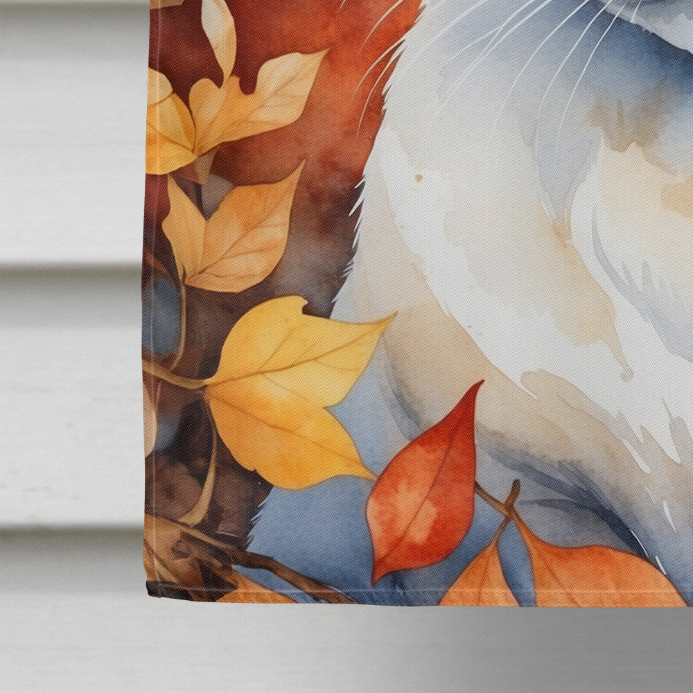 Khao Manee Cat in Fall Leaves House Flag 28x40 Porch Sleeve Pole Decorative Outside Yard Banner Artwork Wall Hanging, Polyester