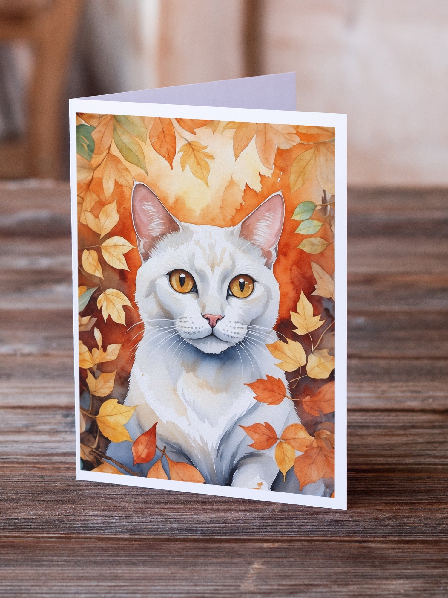 Khao Manee Cat in Fall Leaves Greeting Cards Pack of 8 Blank Cards with Envelopes Whimsical A7 Size 5x7