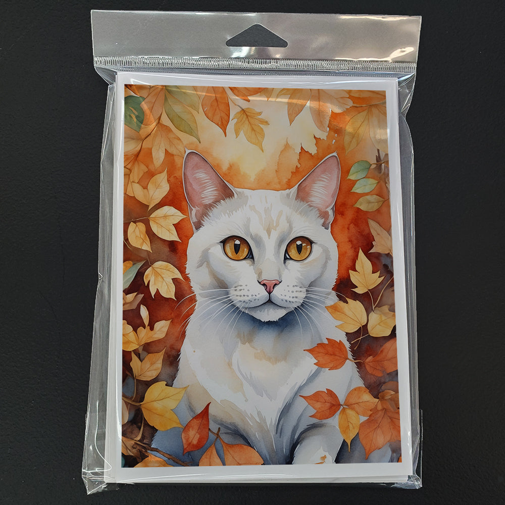 Khao Manee Cat in Fall Leaves Greeting Cards Pack of 8 Blank Cards with Envelopes Whimsical A7 Size 5x7