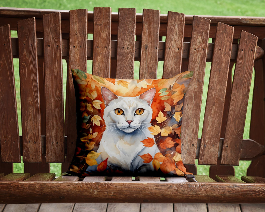Khao Manee Cat in Fall Leaves Decorative Throw Pillow 14x14 Indoor Outdoor Accent Cushion, Fabric Cover with Insert for Sofa, Bed, Porch & Living Room