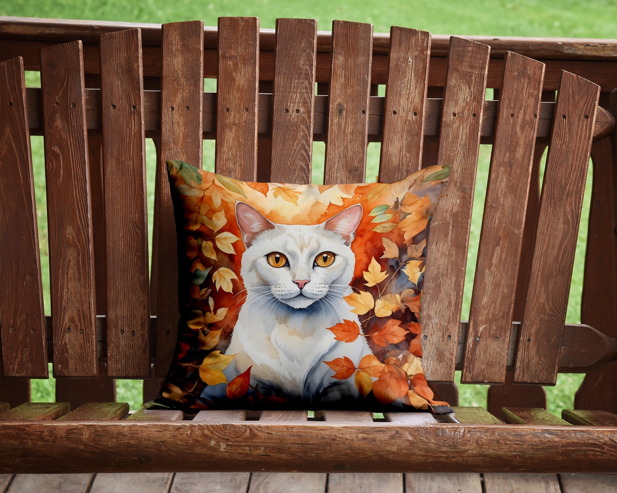 Khao Manee Cat in Fall Leaves Decorative Throw Pillow 14x14 Indoor Outdoor Accent Cushion, Fabric Cover with Insert for Sofa, Bed, Porch & Living Room