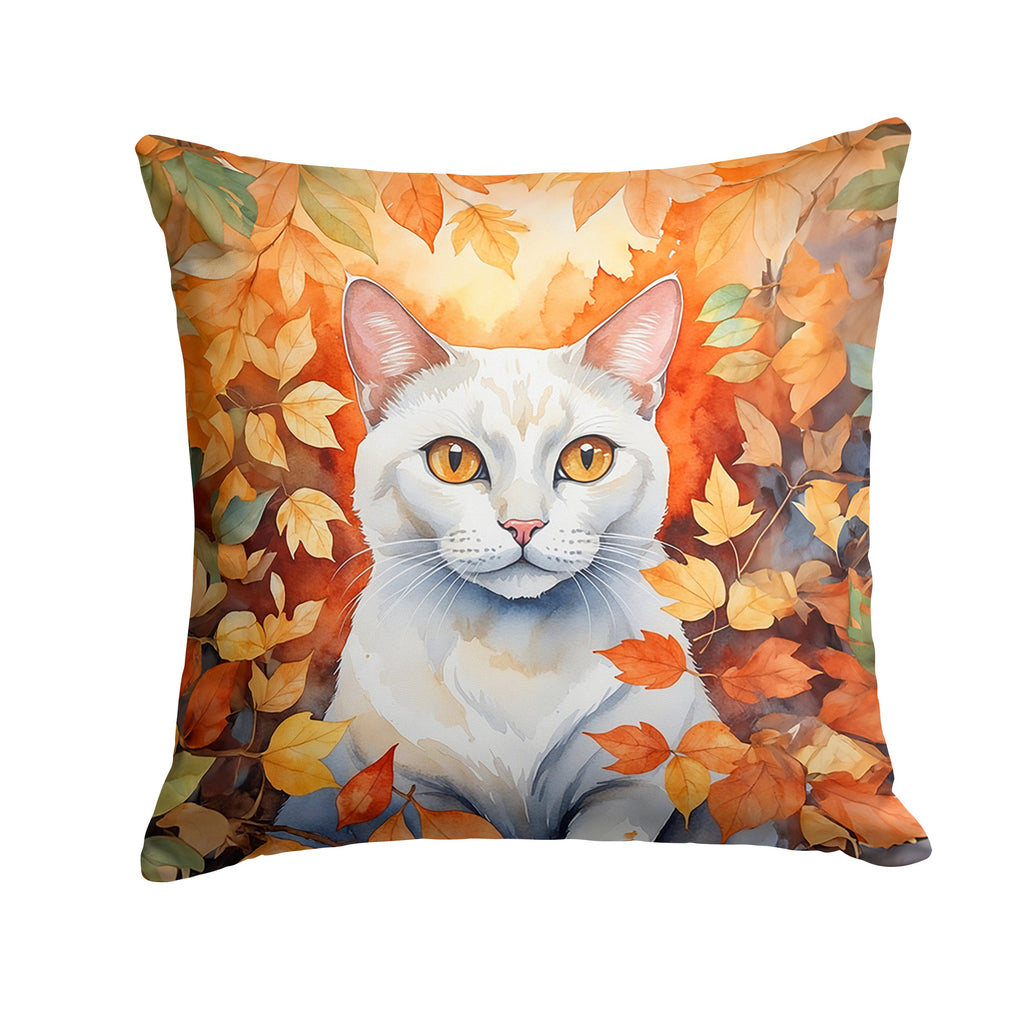 Khao Manee Cat in Fall Leaves Decorative Throw Pillow 18x18 Indoor Outdoor Accent Cushion, Fabric Cover with Insert for Sofa, Bed, Porch & Living Room