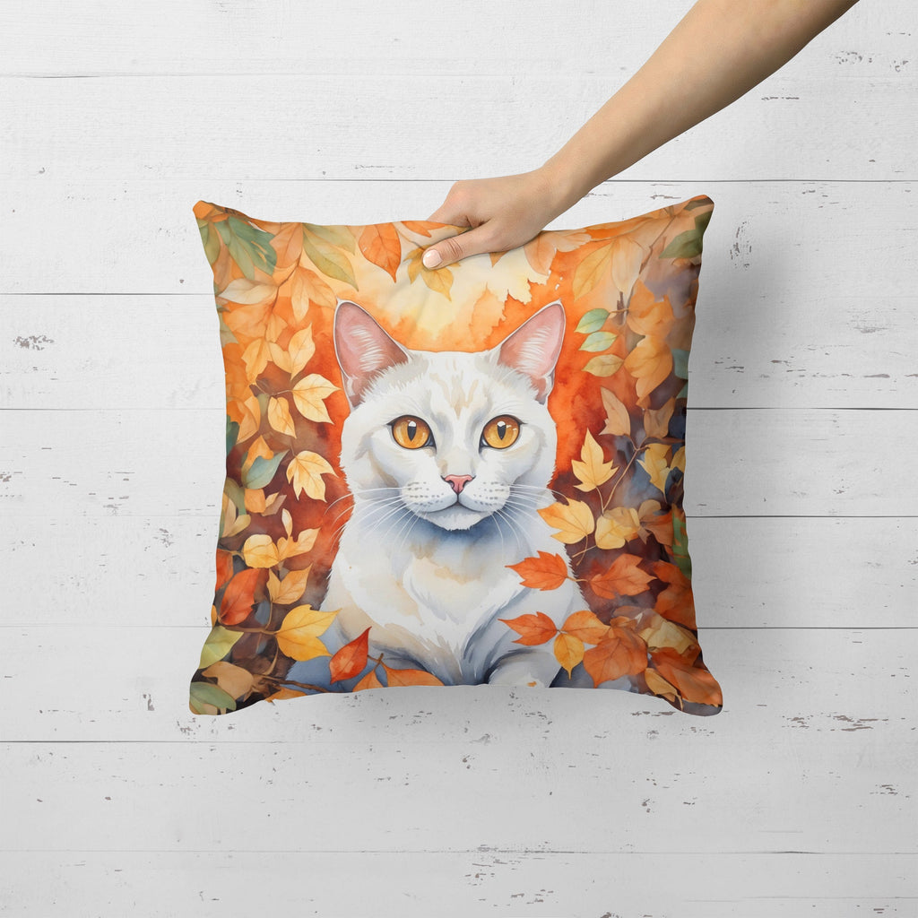 Khao Manee Cat in Fall Leaves Decorative Throw Pillow 18x18 Indoor Outdoor Accent Cushion, Fabric Cover with Insert for Sofa, Bed, Porch & Living Room