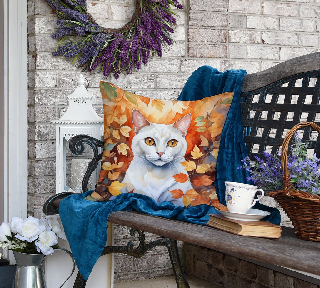 Khao Manee Cat in Fall Leaves Decorative Throw Pillow 18x18 Indoor Outdoor Accent Cushion, Fabric Cover with Insert for Sofa, Bed, Porch & Living Room