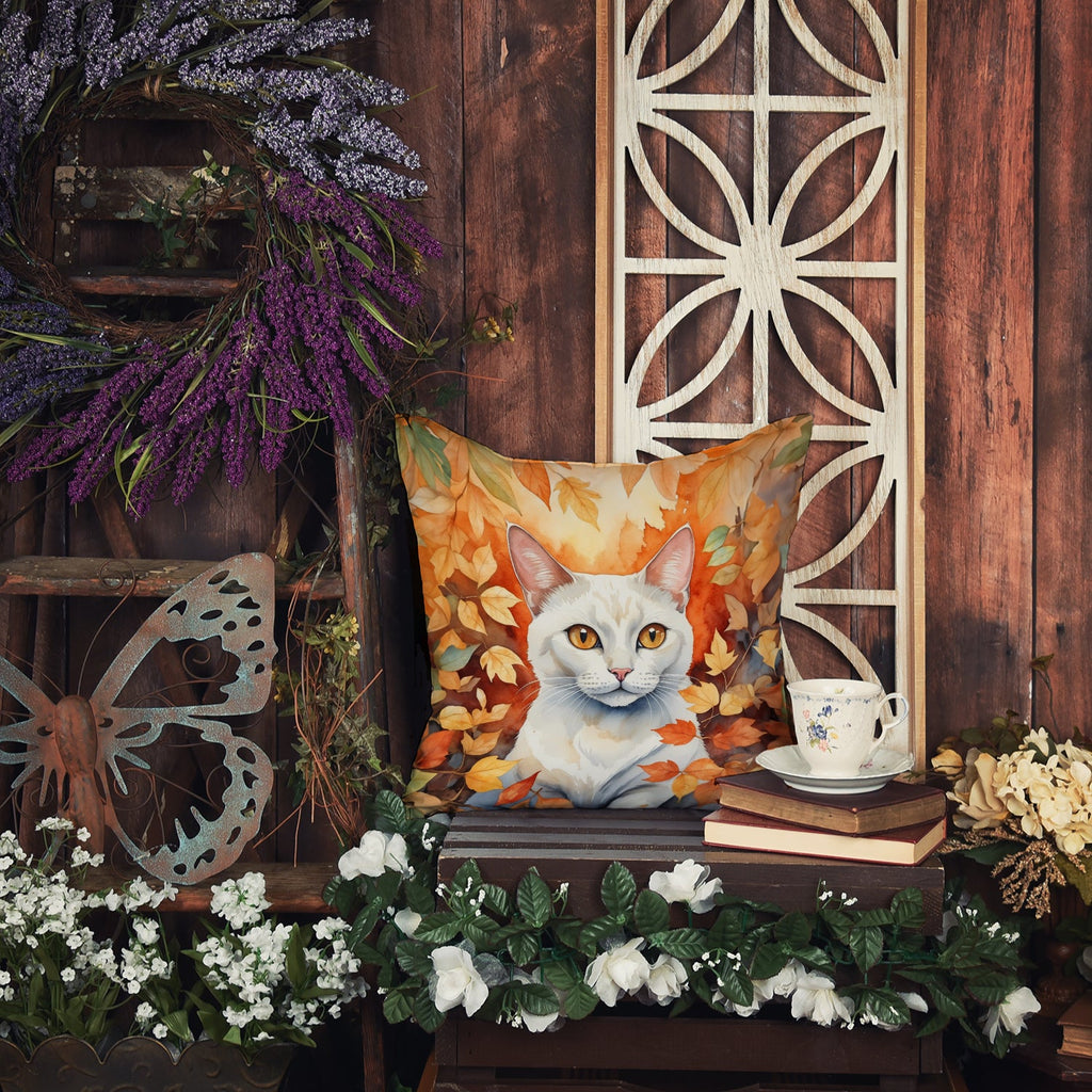 Khao Manee Cat in Fall Leaves Decorative Throw Pillow 18x18 Indoor Outdoor Accent Cushion, Fabric Cover with Insert for Sofa, Bed, Porch & Living Room