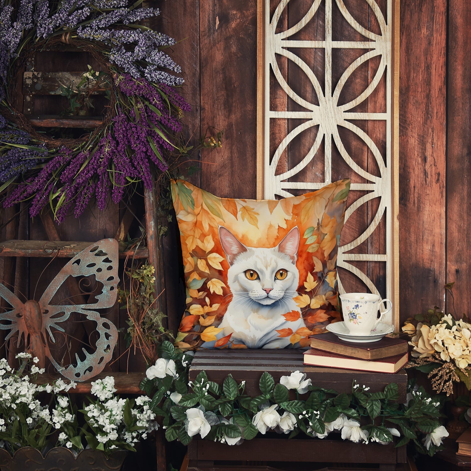 Khao Manee Cat in Fall Leaves Decorative Throw Pillow 18x18 Indoor Outdoor Accent Cushion, Fabric Cover with Insert for Sofa, Bed, Porch & Living Room