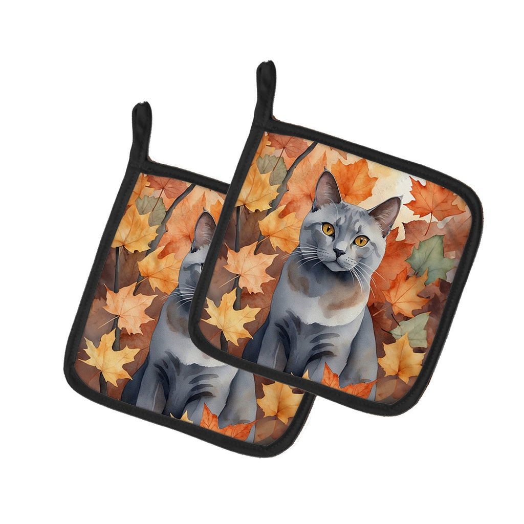 Korat Cat in Fall Leaves Pot Holder Set of 2 Heat Resistant Quilted Hot Pads 7.5 x 7.5 Inch, Insulated Kitchen Trivets for Cooking & Baking