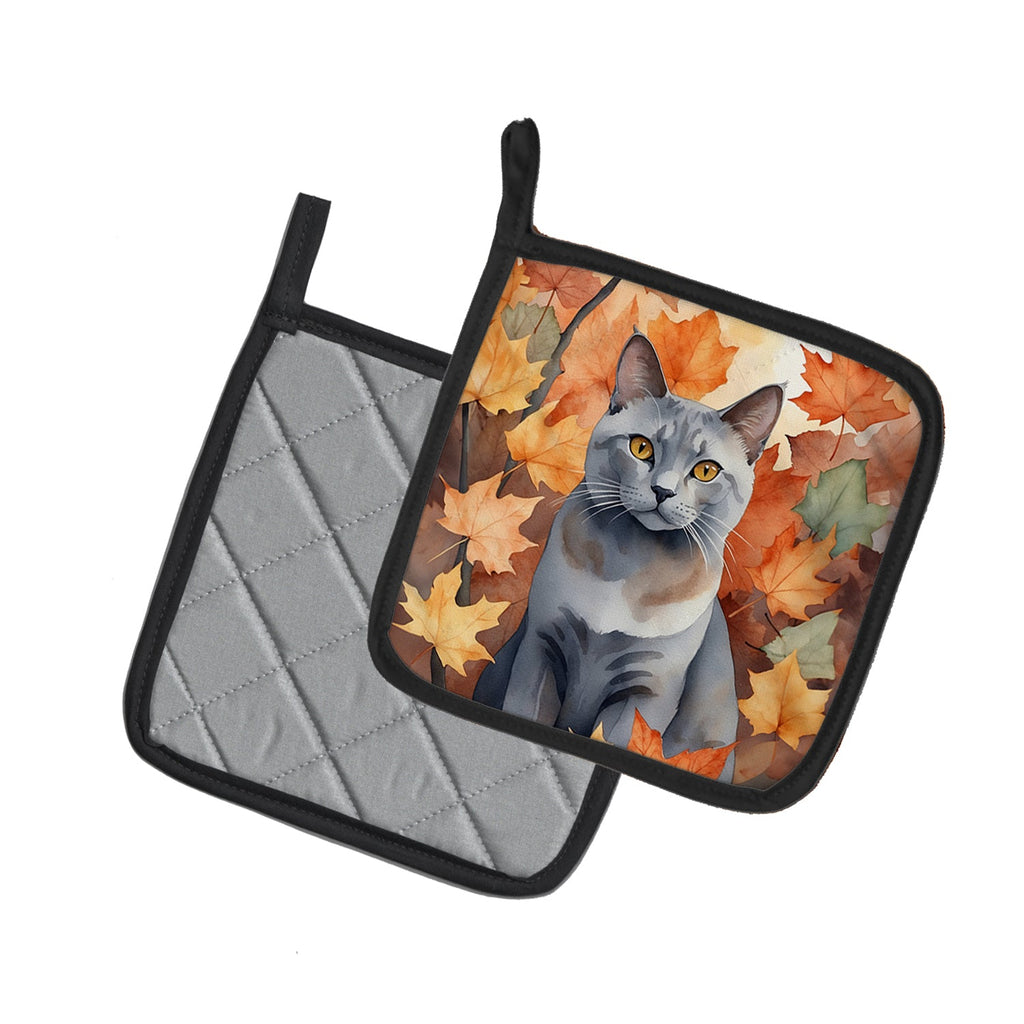 Korat Cat in Fall Leaves Pot Holder Set of 2 Heat Resistant Quilted Hot Pads 7.5 x 7.5 Inch, Insulated Kitchen Trivets for Cooking & Baking