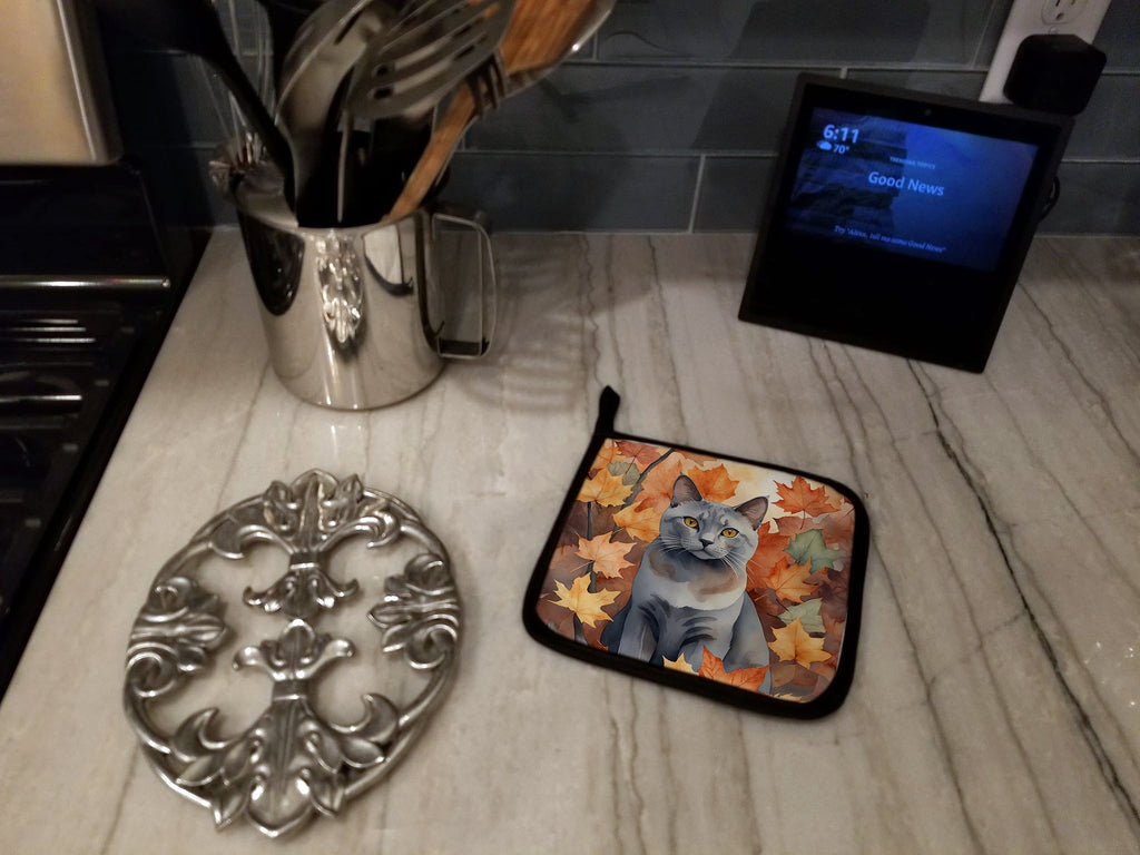 Korat Cat in Fall Leaves Pot Holder Set of 2 Heat Resistant Quilted Hot Pads 7.5 x 7.5 Inch, Insulated Kitchen Trivets for Cooking & Baking