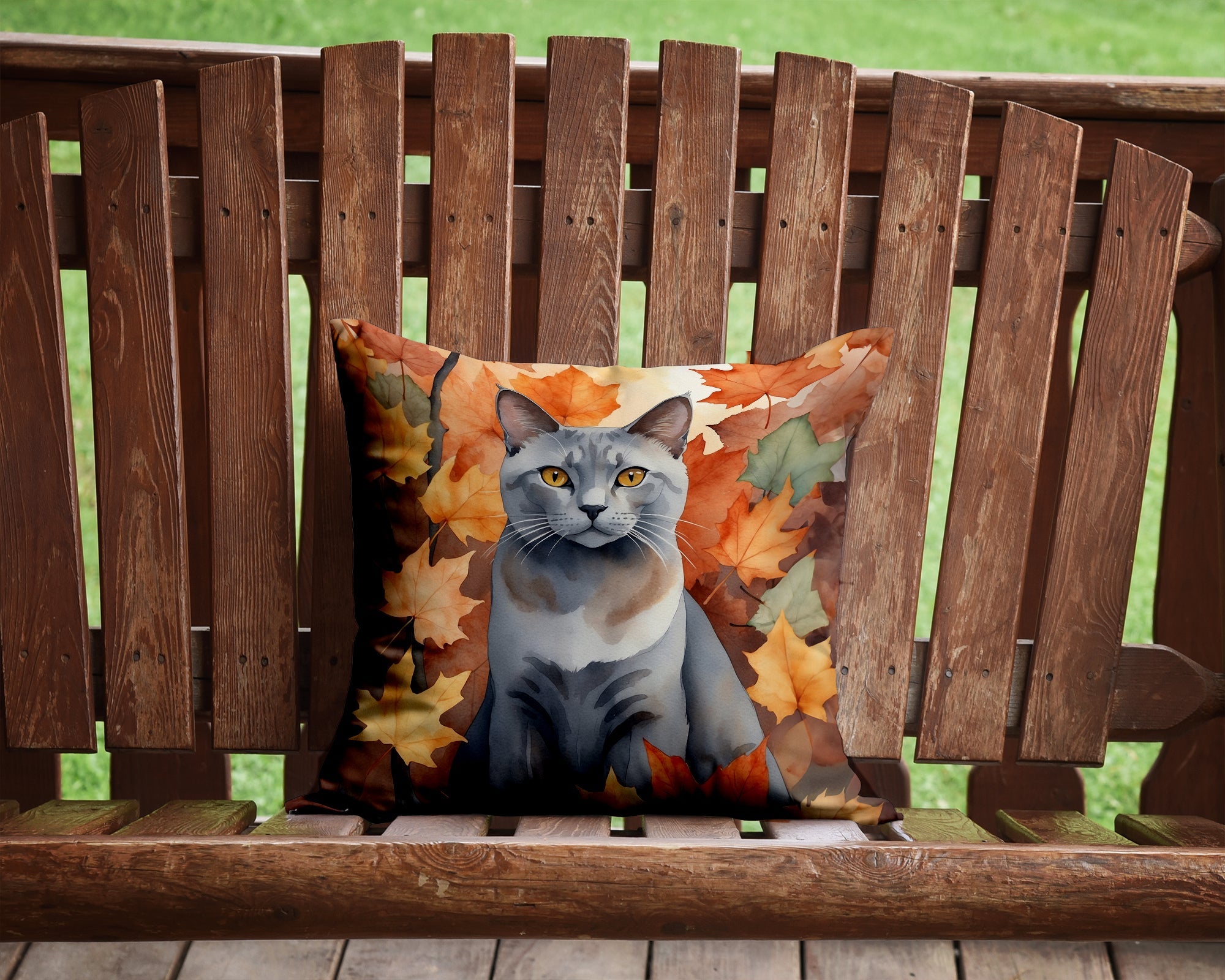 Korat Cat in Fall Leaves Decorative Throw Pillow 14x14 Indoor Outdoor Accent Cushion, Fabric Cover with Insert for Sofa, Bed, Porch & Living Room