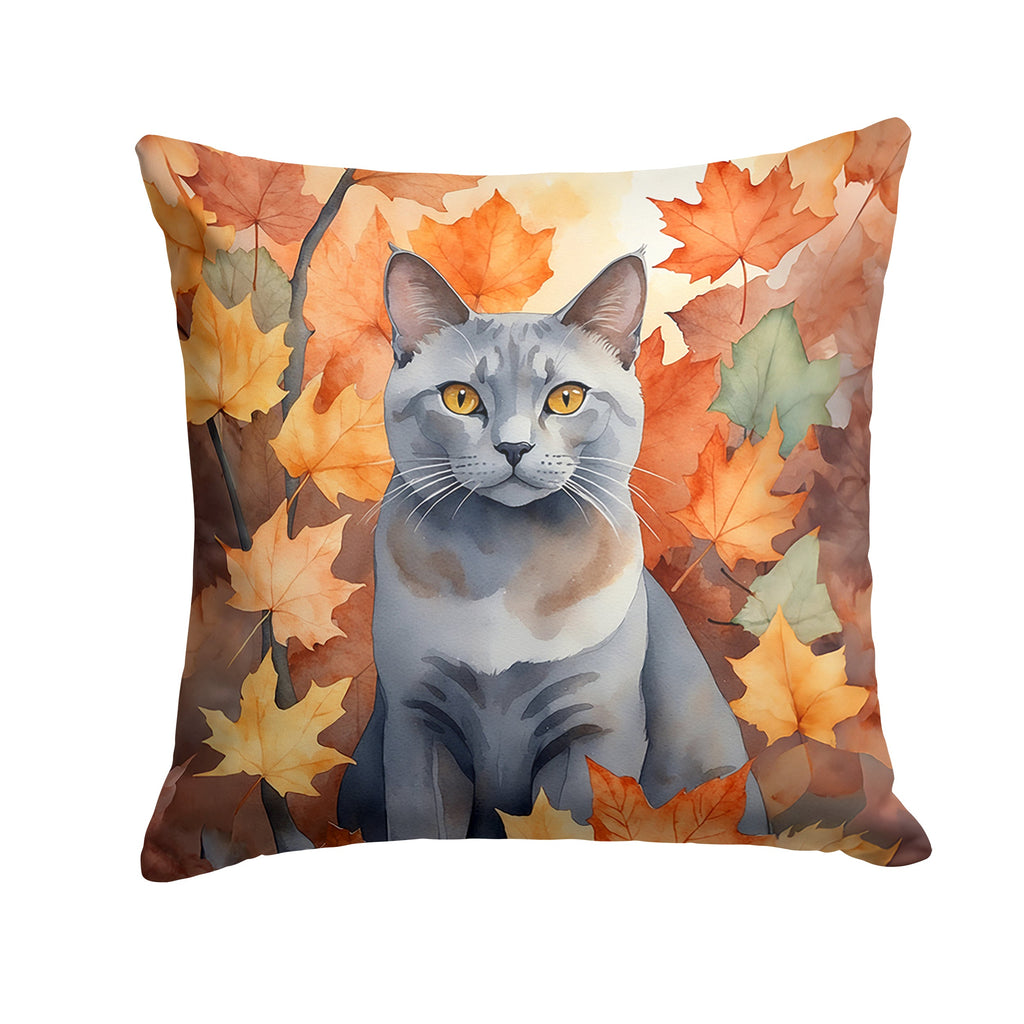 Korat Cat in Fall Leaves Decorative Throw Pillow 18x18 Indoor Outdoor Accent Cushion, Fabric Cover with Insert for Sofa, Bed, Porch & Living Room