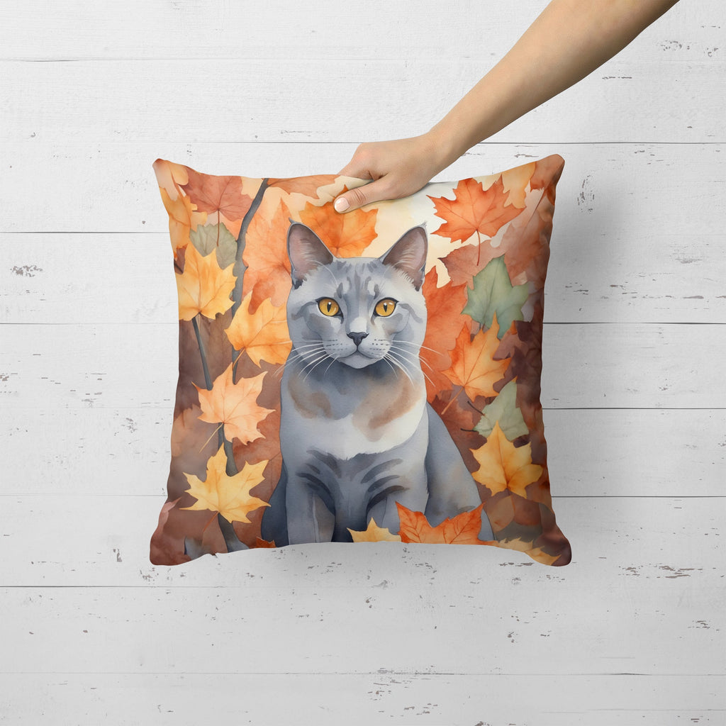 Korat Cat in Fall Leaves Decorative Throw Pillow 18x18 Indoor Outdoor Accent Cushion, Fabric Cover with Insert for Sofa, Bed, Porch & Living Room
