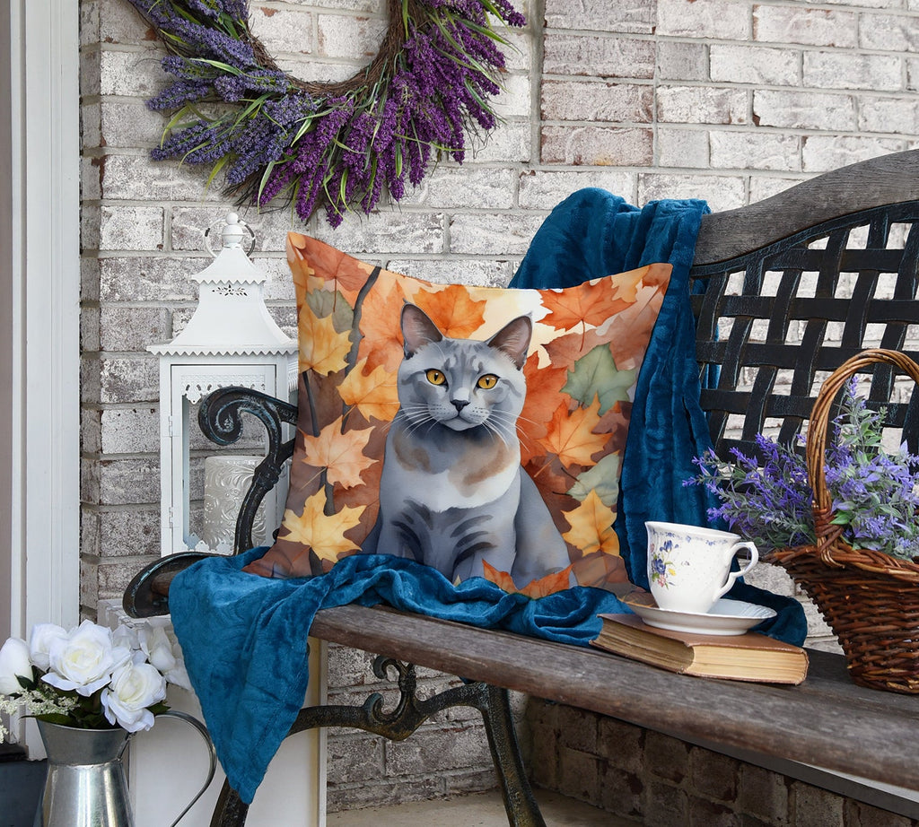 Korat Cat in Fall Leaves Decorative Throw Pillow 18x18 Indoor Outdoor Accent Cushion, Fabric Cover with Insert for Sofa, Bed, Porch & Living Room