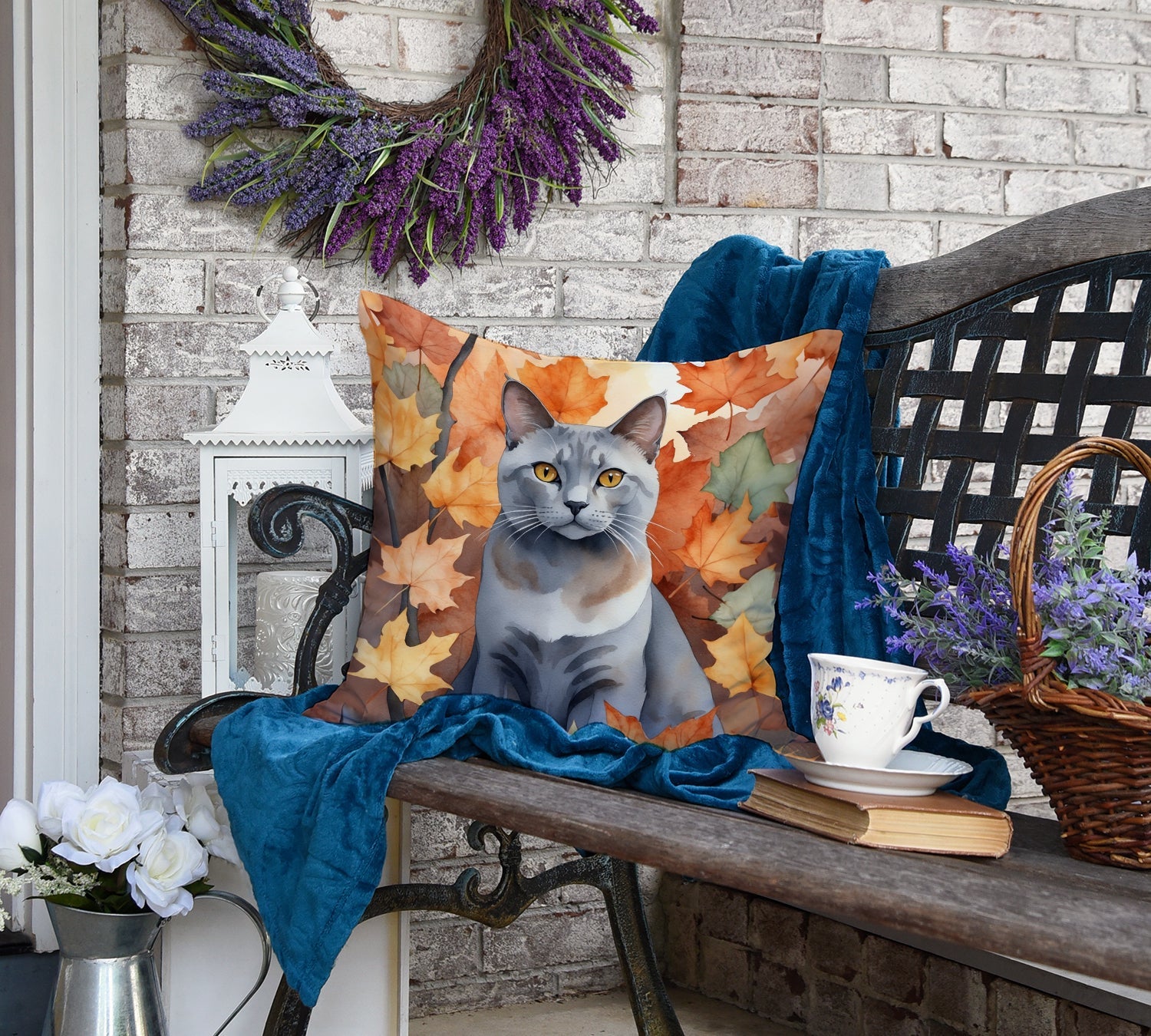 Korat Cat in Fall Leaves Decorative Throw Pillow 18x18 Indoor Outdoor Accent Cushion, Fabric Cover with Insert for Sofa, Bed, Porch & Living Room