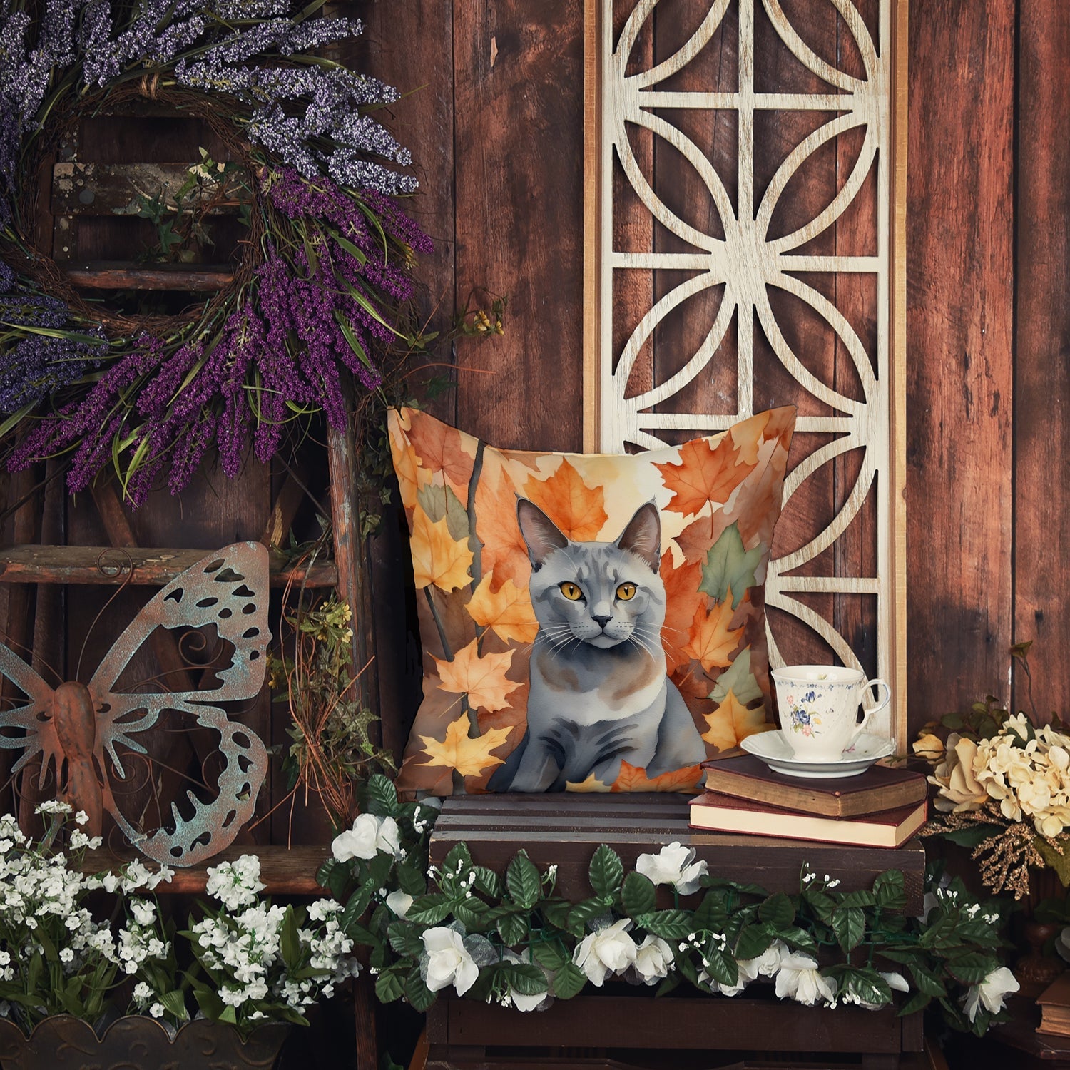Korat Cat in Fall Leaves Decorative Throw Pillow 18x18 Indoor Outdoor Accent Cushion, Fabric Cover with Insert for Sofa, Bed, Porch & Living Room