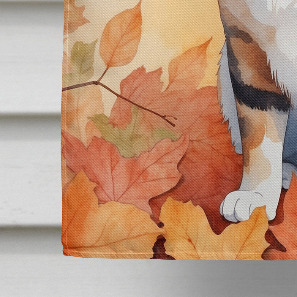 Korean Bobtail Cat in Fall Leaves House Flag 28x40 Porch Sleeve Pole Decorative Outside Yard Banner Artwork Wall Hanging, Polyester