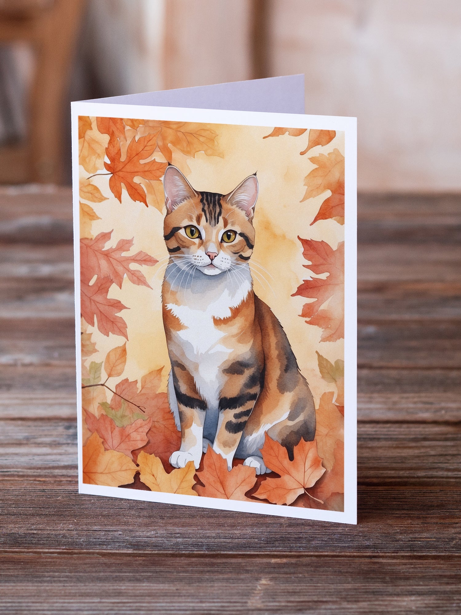 Korean Bobtail Cat in Fall Leaves Greeting Cards Pack of 8 Blank Cards with Envelopes Whimsical A7 Size 5x7