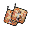 Korean Bobtail Cat in Fall Leaves Pot Holder Set of 2 Heat Resistant Quilted Hot Pads 7.5 x 7.5 Inch, Insulated Kitchen Trivets for Cooking & Baking
