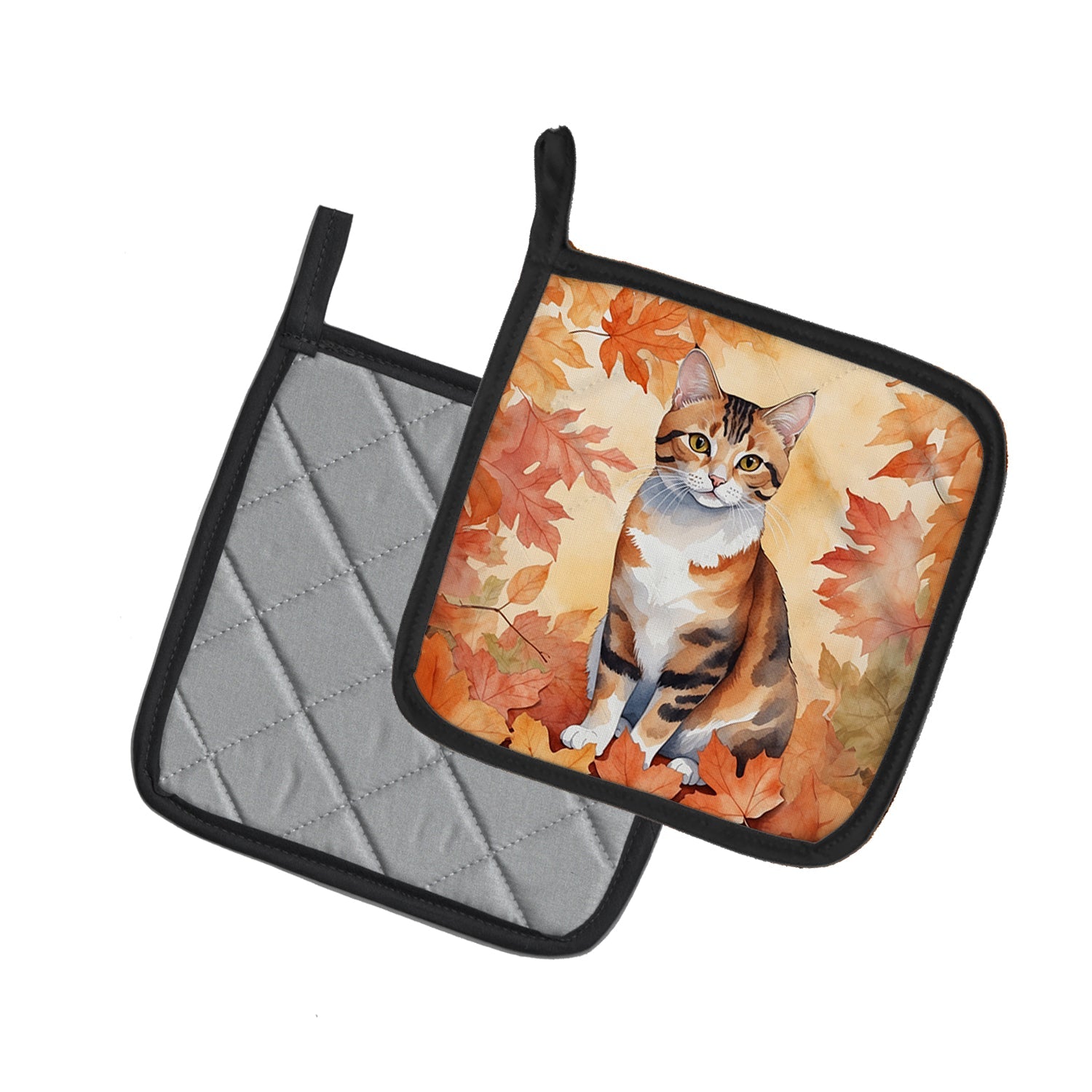 Korean Bobtail Cat in Fall Leaves Pot Holder Set of 2 Heat Resistant Quilted Hot Pads 7.5 x 7.5 Inch, Insulated Kitchen Trivets for Cooking & Baking