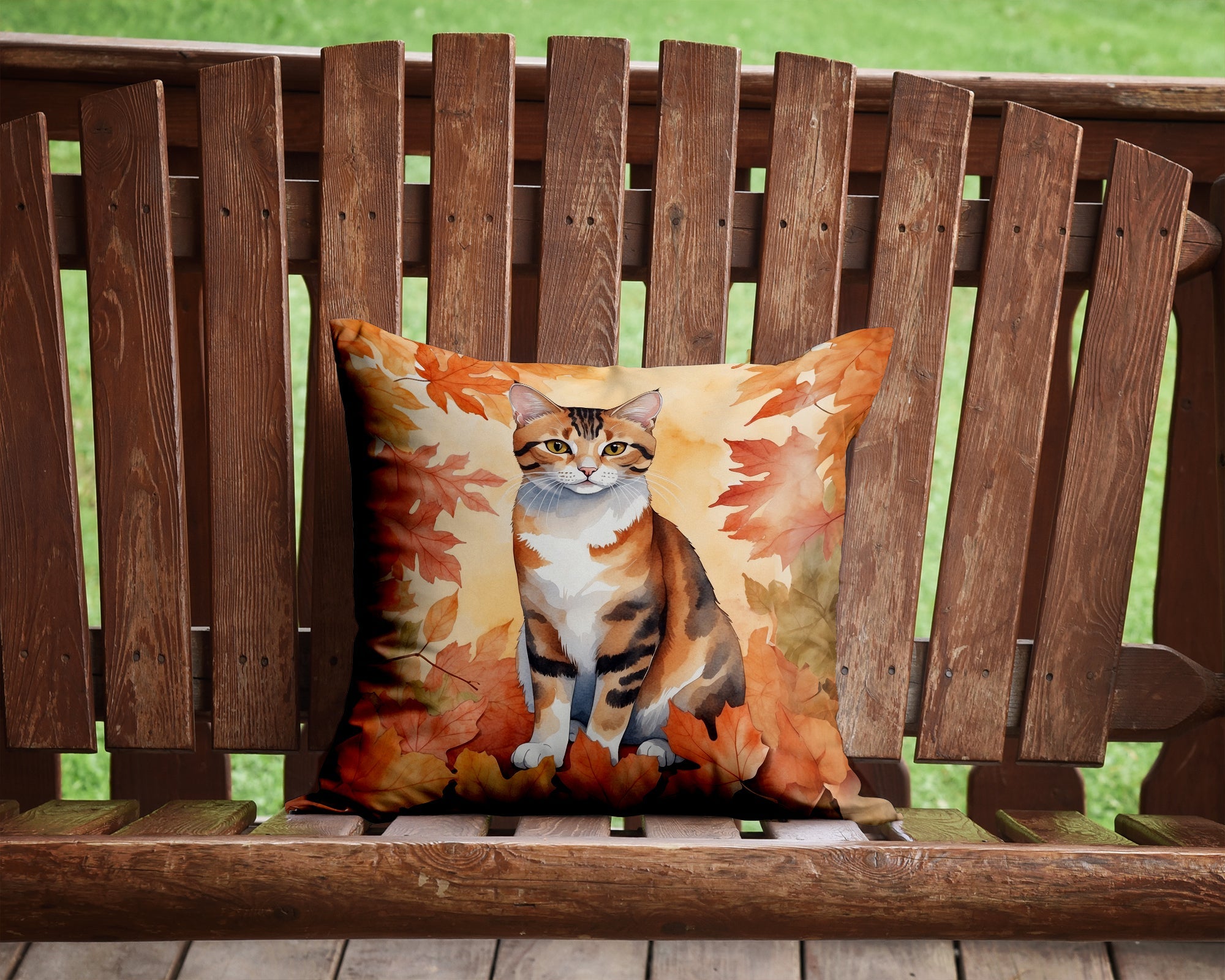Korean Bobtail Cat in Fall Leaves Decorative Throw Pillow 14x14 Indoor Outdoor Accent Cushion, Fabric Cover with Insert for Sofa, Bed, Porch & Living Room