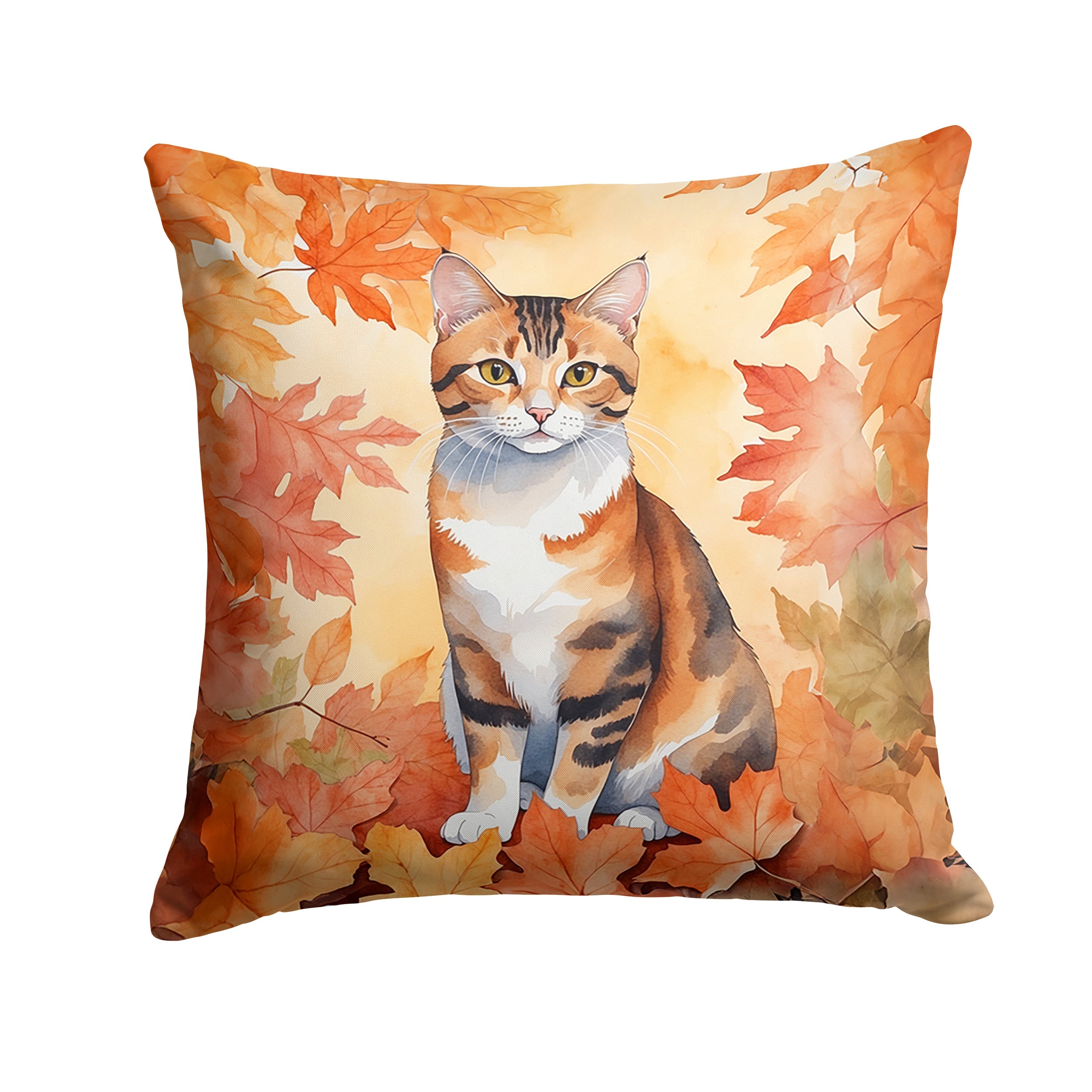 Korean Bobtail Cat in Fall Leaves Decorative Throw Pillow 18x18 Indoor Outdoor Accent Cushion, Fabric Cover with Insert for Sofa, Bed, Porch & Living Room